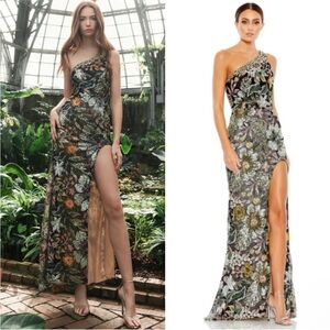 Mac Duggal 49574 Embellished Floral One Shoulder Gown NWT Black Multi